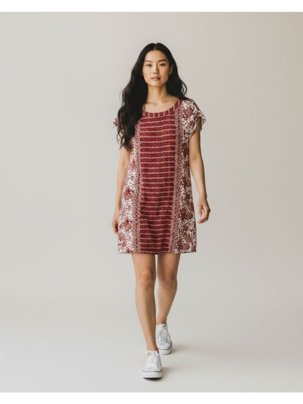 Via La Floral Red & White Short-Sleeve Tunic Dress M Lightweight Boho Style